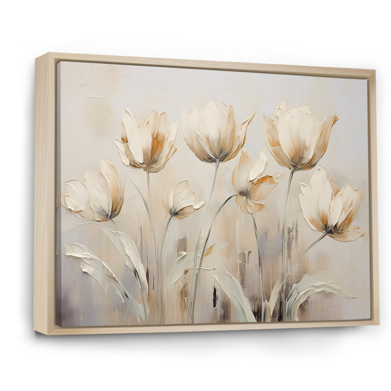 Beige embelli des tulipes Symphony I - tulipes, art mural, Cadre naturel flottant, H 24 po x l 32 po x P 1 po