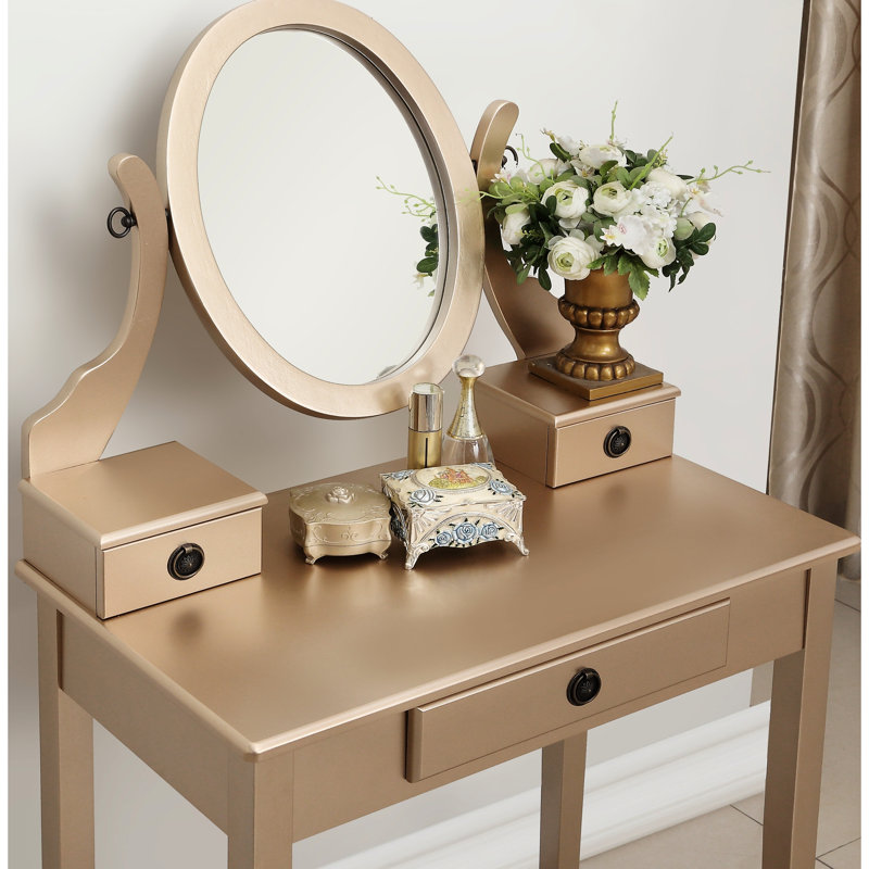 Coiffeuse et tabouret dorés éclatants, 3 tiroirs, miroir en bois ajustable, un véritable bijou avec rangement