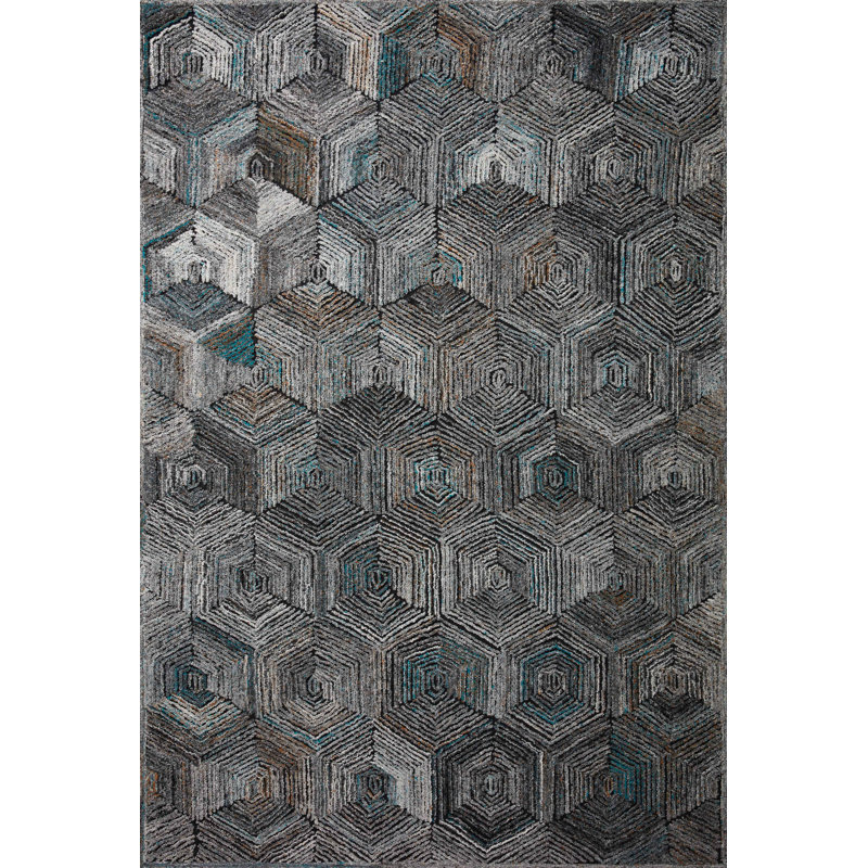 Tapis bleu / orange en polyester fabriqué à la main Emilianna, Rectangle 7 pi 9 po x 9 pi 9 po