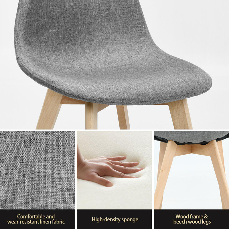 Gray Linen Upholstered Side Chair with Wood Legs, Set of 4