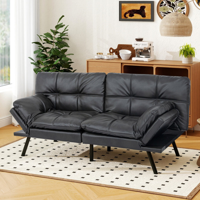 Canapé-lit futon convertible 3-en-1, deux accoudoirs, causeuse compacte robuste, Noir mat