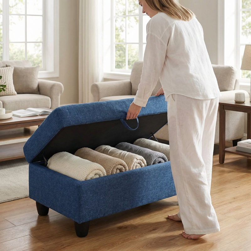 Flint Storage Ottoman | Non-Pilling Fabric | X-Stitching | Solid Wood Frame, Blue