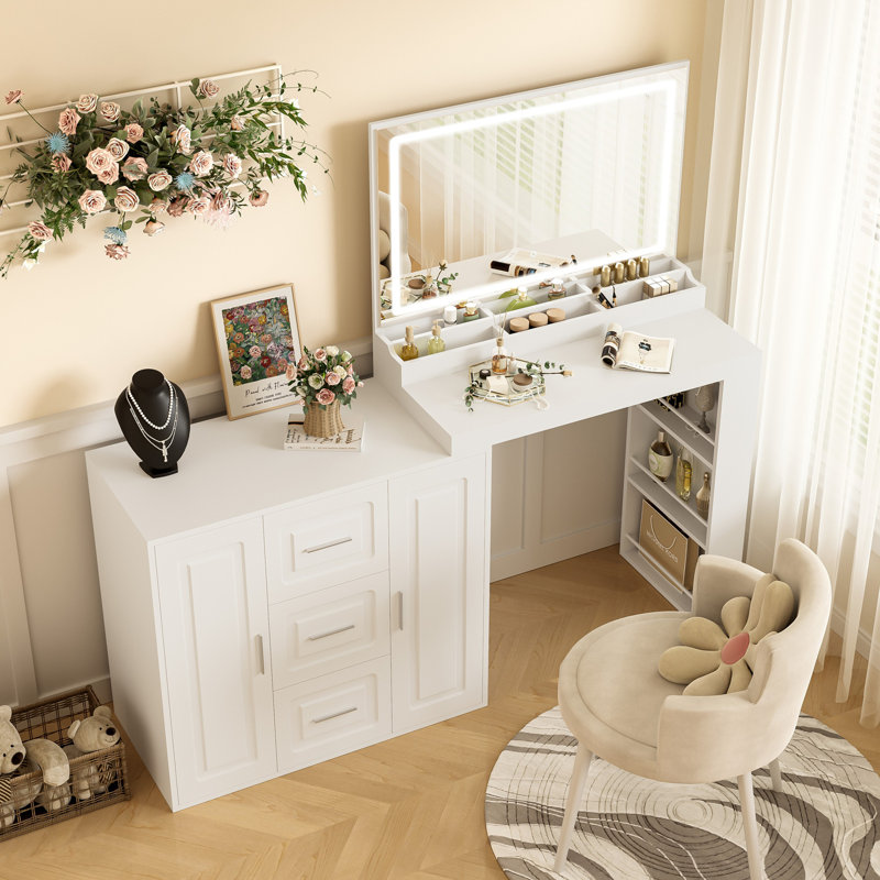 59" Makeup Vanity Desk with Mirror, Vanity Mirror with Lights, Dressing Table with 3 Drawers and 2 Cabinets, Vanity Table with Storage Shelves for Bedroom, White
