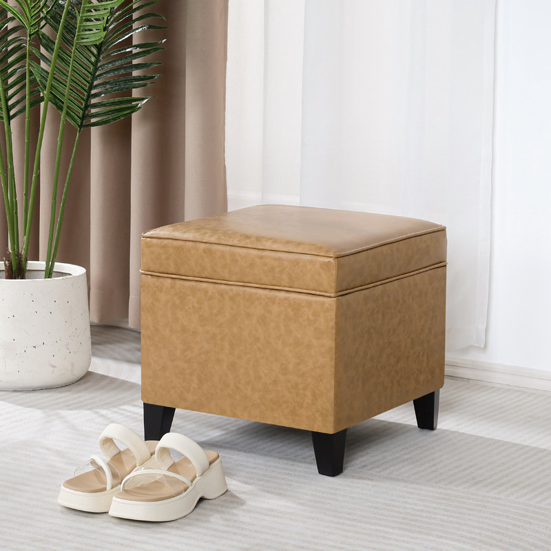 17.5" Faux Leather Ottoman With Storage, Yellow