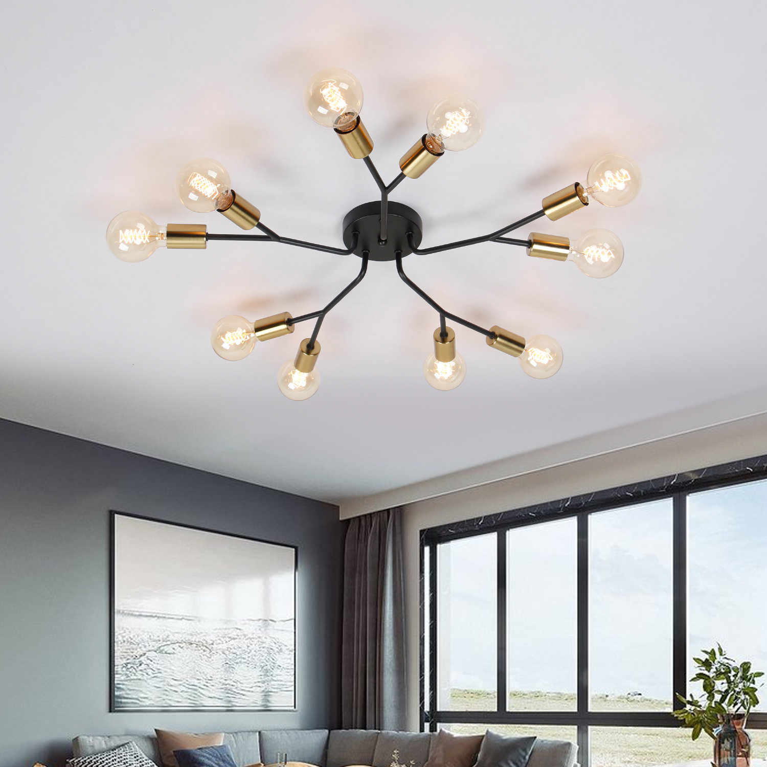 4-Light Sputnik Chandelier Ceiling Fixture - Modern Semi-Flush Mount Light With E26 Base, Black
