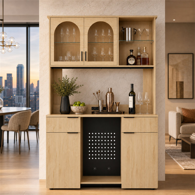 Bar maison 86,6 po en bois naturel clair avec huche de rangement