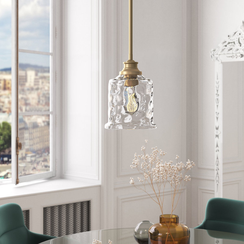 Berowalt 1-Light Dimmable Hand-Blown Glass Single Bell Pendant, Brushed Gold