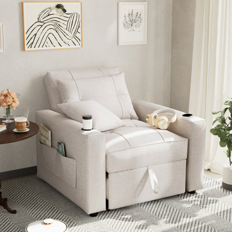 Single 36“ 3-in-1 Pull Out Convertible Sleeper Futon Sofa With Cushions Squared Arm, Beige Polyester