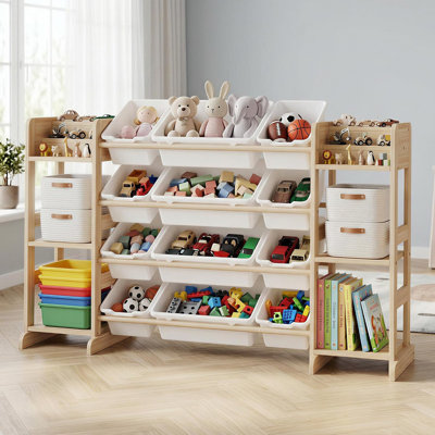 Kids Toy Storage Organizer with 12 Bins & 6 Open Shelves, Solid Wood Bookshelf Cabinet, 52.3" Wide Unit for Playroom Bedroom