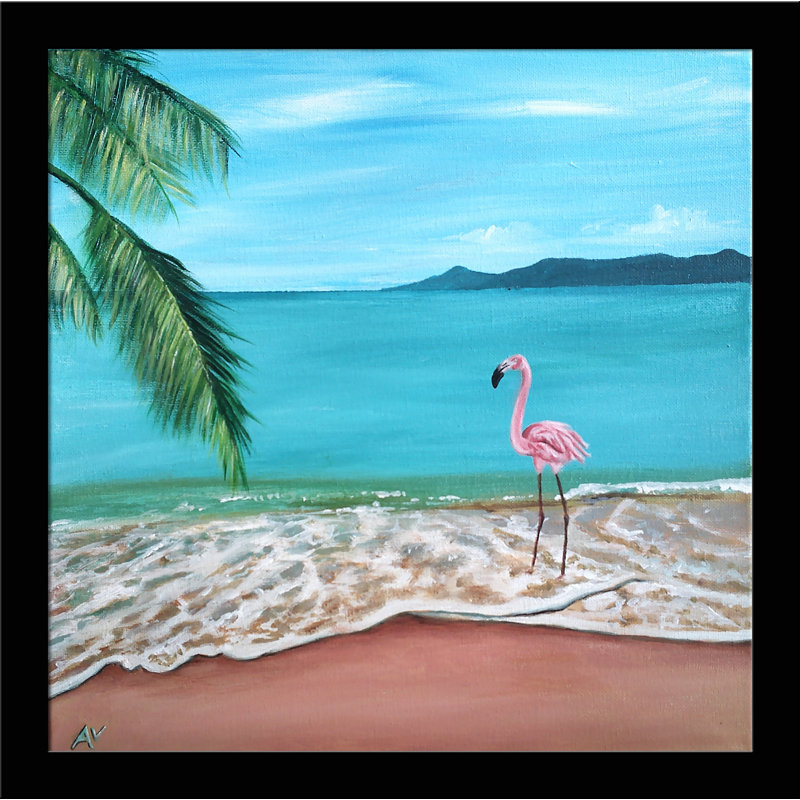 «Flamingo Takes a Dip» par Amy Valiante - reproduction d'art, H 24 po x l 24 po x P 1,25 po, Papier encadré noir