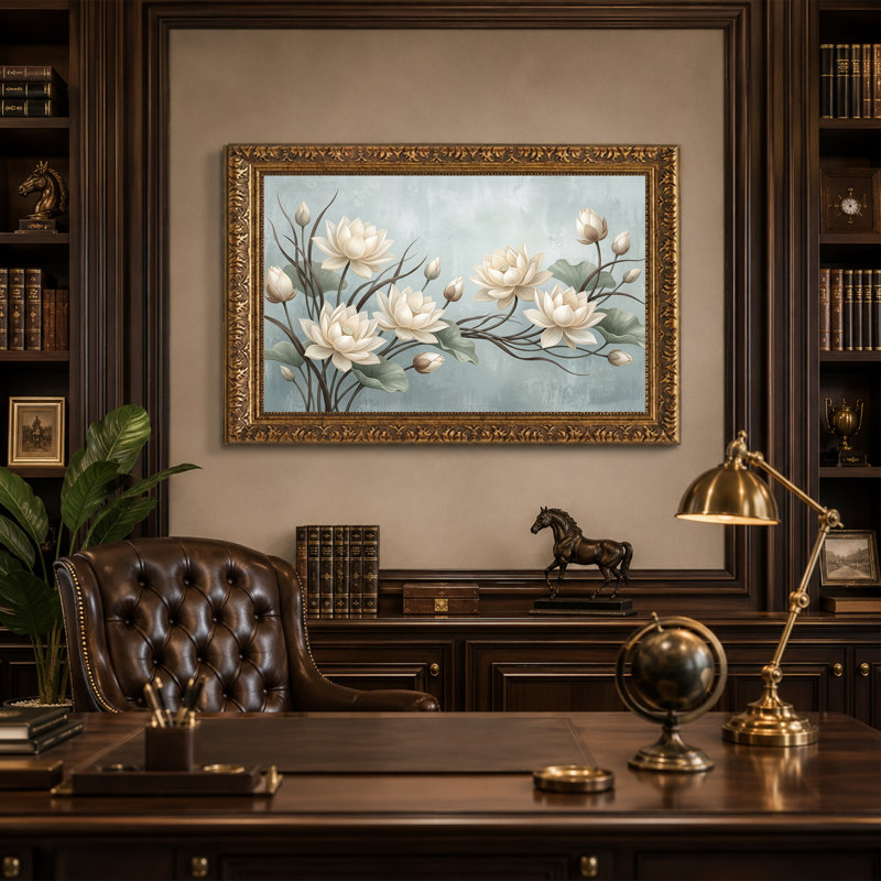 Art sur toile, fleurs de lotus blanc et feuilles vertes sur fond bleu, H 20 po x l 30 po