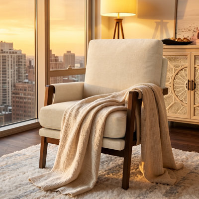 High Back Mid-Century Modern Accent Armchair with Solid Wood Frame and Plush Cushions for Living Room