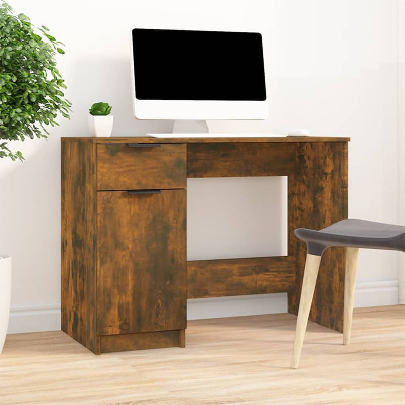Schlenker 100cm Rectangular Computer Desk with Cabinet, Smoked Oak