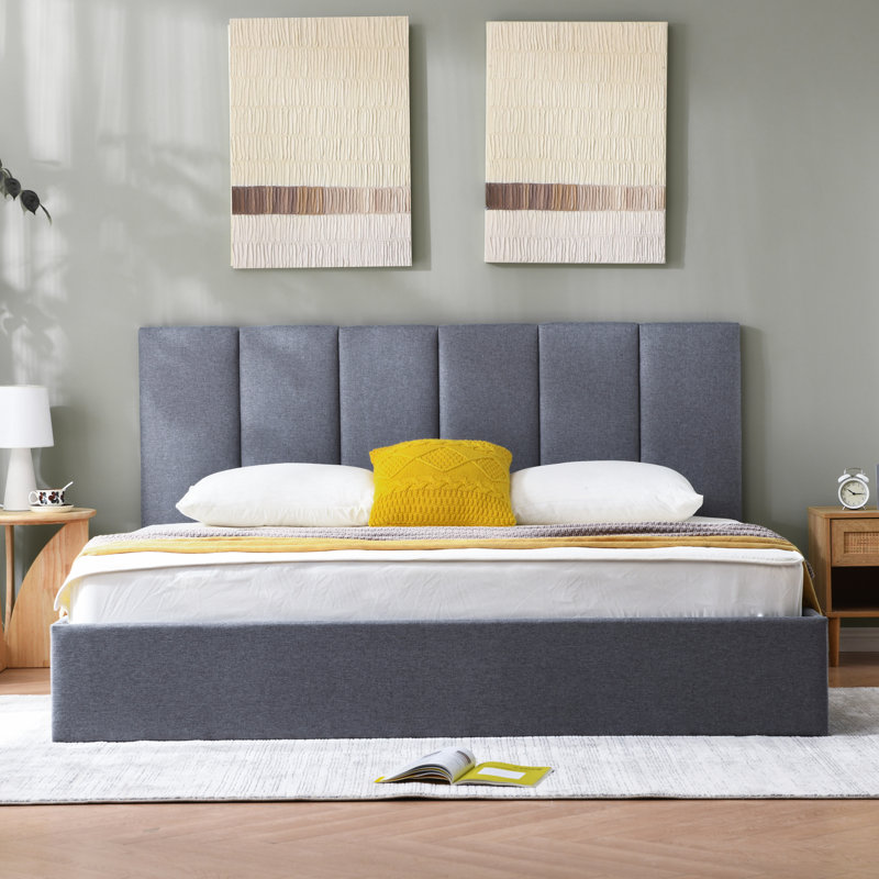 Juanetta Hydraulic Lift Up Storage Upholstered Platform Bed, Gray Linen, King