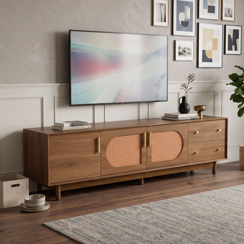 Meuble télé avec bords biseautés et porte tissée, tiroirs, armoires