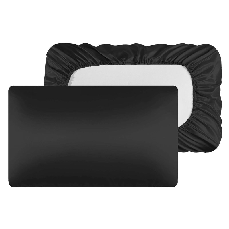 2 Pack Silk Satin Pillowcase for Hair & Skin Travel Elastic Band Cooling Satin Pillow Case Cover, Standard Pillowcase, Black