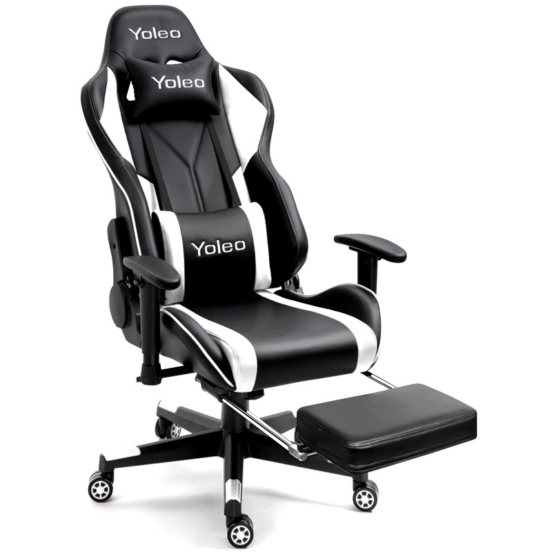 Blue Elephant Adjustable Reclining Faux Leather Swiveling PC & Racing Game Chair with Footrest, Black/White