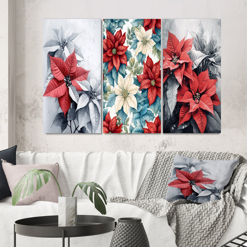 Poinsettia rouge et gris - ensemble de 3 impressions, Toile tendue, H 40 po x l 60 po