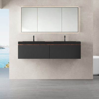 Meuble-lavabo mural 60 po en noyer fumé avec plateau en quartz noir 60 po