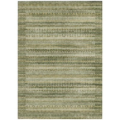 3' X 5' Green And Beige Striped Washable Indoor Outdoor Area Rug