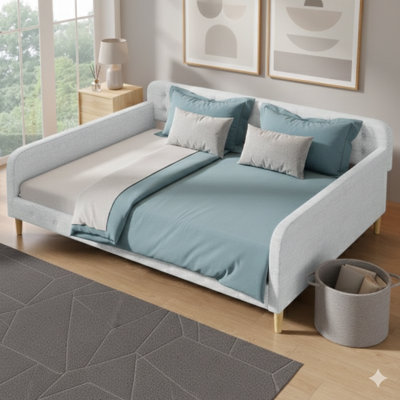 Queen-Size Upholstered Daybed Supported By 4 Legs. Beige Finish.