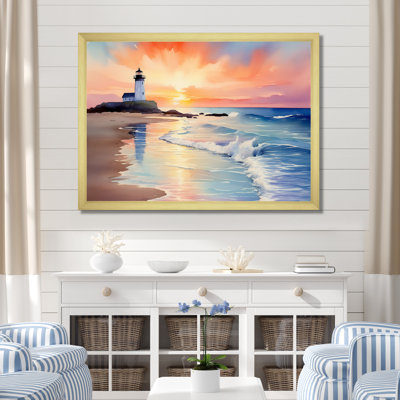 Orange coucher de soleil sur la plage, phare de la sérénité II - art mural plage