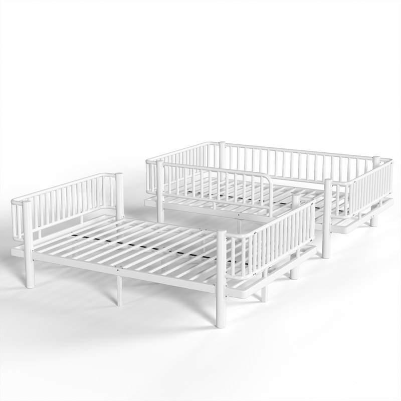 Lit superposé double au-dessus de double avec échelles et garde-corps, structure de lit superposé en métal avec conception de tuyau rond de sécurité améliorée, peut se transformer en 2 lits plateforme, blanc