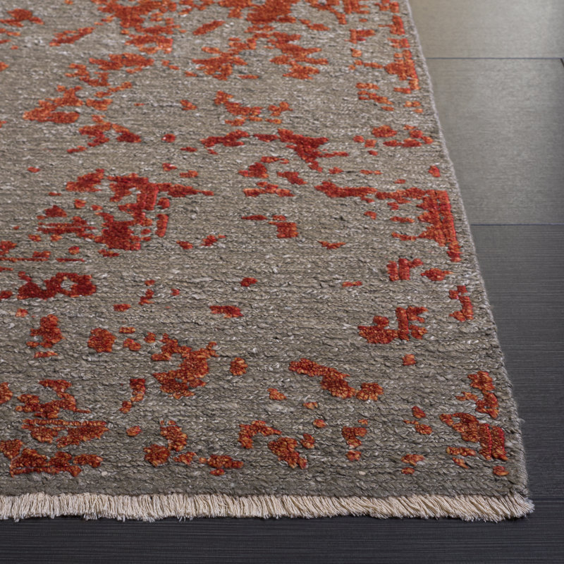 Rectangle Centennial Floral Hand-Knotted Cotton/Viscose Area Rug in Gray/Red, Rectangle 6' x 9'