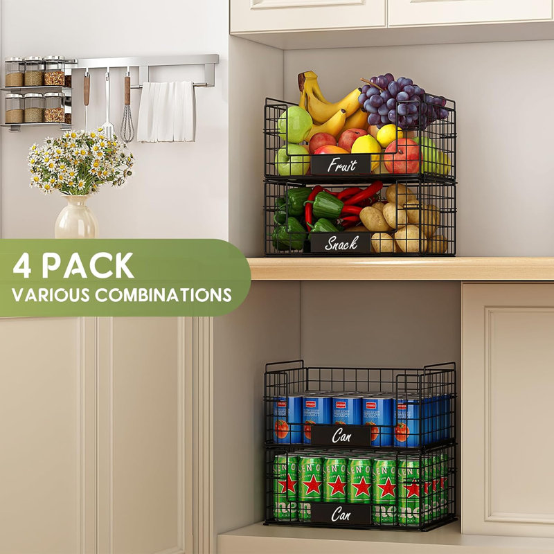 Jksmart Xxl Stackable Wire Baskets With Handles For Pantry Storage And Organization,fruit And Vegetable Basket With Name Plates,metal Storage Bins For Snack Can Fruit Veggies