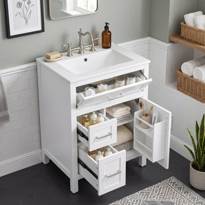 Meuble-lavabo autoportant avec lavabo en céramique, tiroir rabattable, 2 tiroirs de rangement, tablette réglable et support de porte