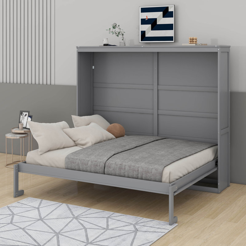 Friel Foldable Murphy Bed with Storage Cabinet & Wooden Frame, Queen, Gray
