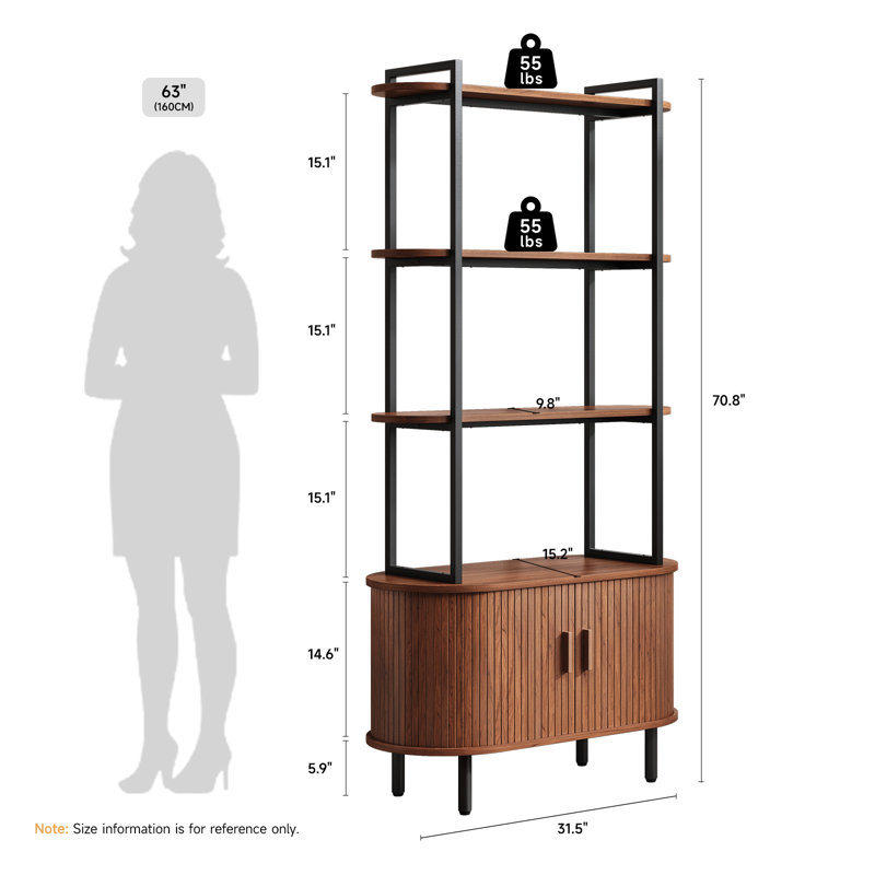 Nataysha 4-Tier Bookcase with Sliding Door, Walnut/Black