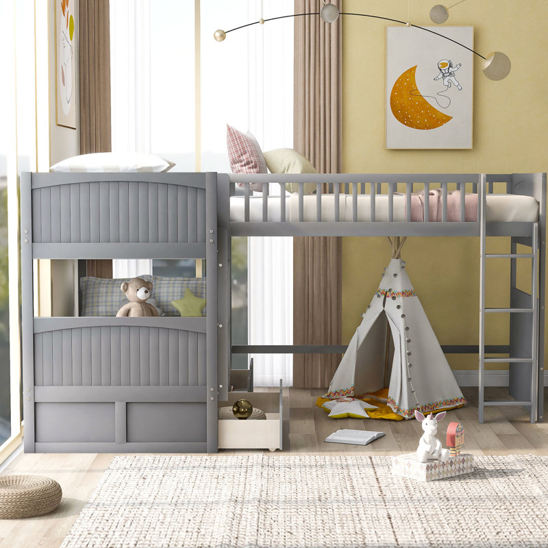 Space Twin Size Bunk Bed With Loft In Gray - With Functional Drawers And Extra Space For Storage, Gray