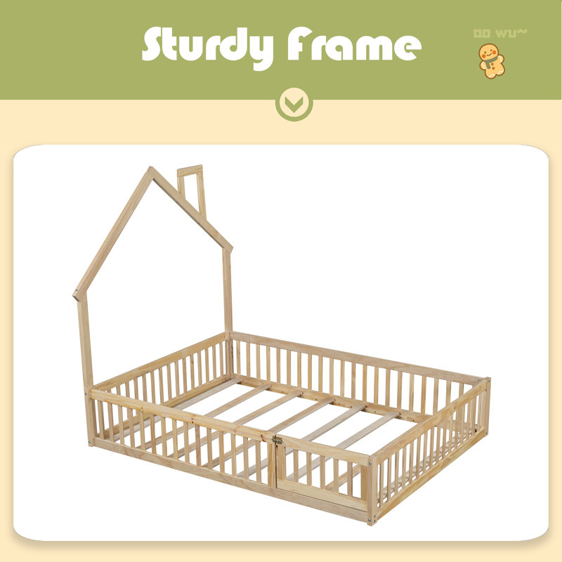Wood Full Size House Platform Bed With Guardrail, Natural