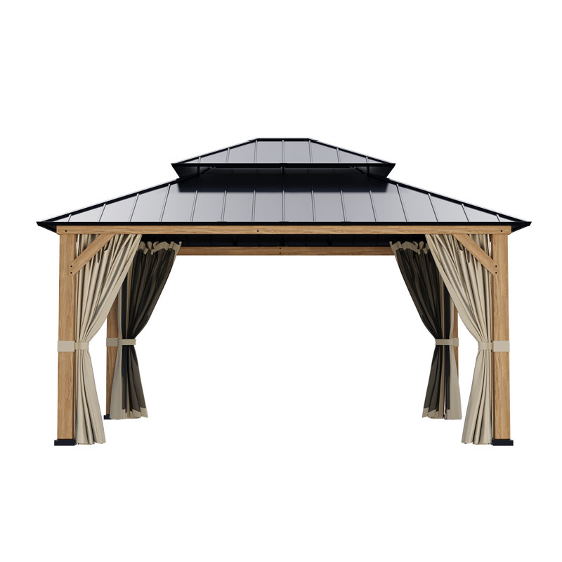 D Solid Wooden Patio Gazebo with Double Roof, Netting and Curtains, 120" H x 180" W x 143" D