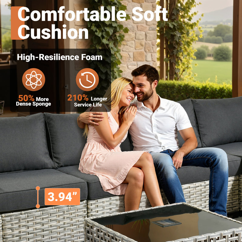 Wahkon Wicker/rattan 5 - Person Wicker Sectional Seating Group with Lighted Coffee Table, Modern Modular Outdoor Conversation Set with Cushions