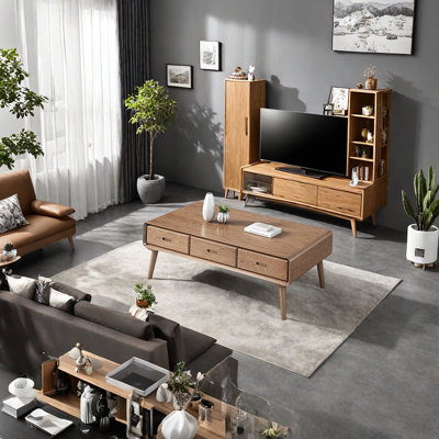 Solid Ash Wood Coffee Table with Recessed Handles