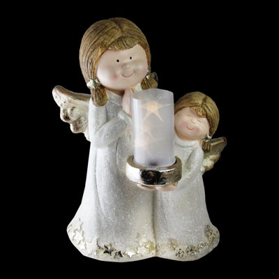 16" White and Brown Angels LED Micro Light Christmas Decor