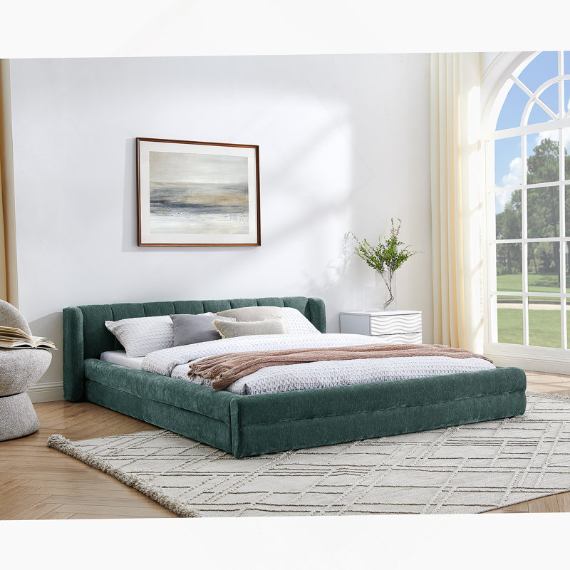 Structure de lit tapissier avec tissu chenille épais, lit plateforme confortable et robuste avec tête de lit élégante