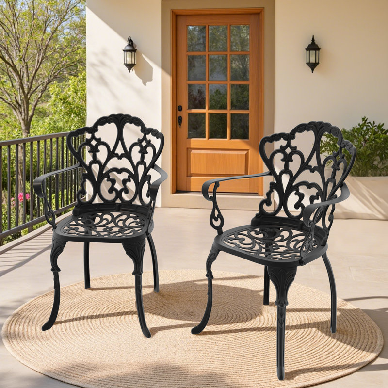 Fauteuil d'extérieur en fonte d'aluminium, chaise de patio avec cadre en métal noir et coussins beiges, 2