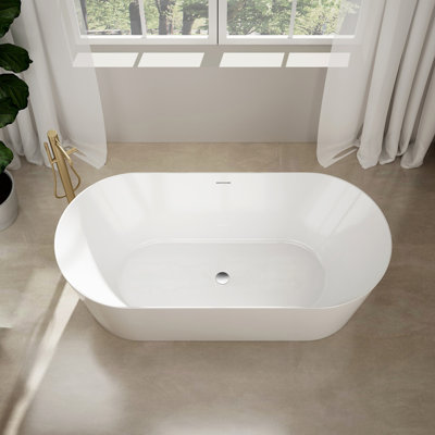 67'' x 32'' Freestanding Acrylic Soaking Bathtub, Deep Soak Oval Tub with Center Drain, Overflow & Drain Assembly, Glossy White