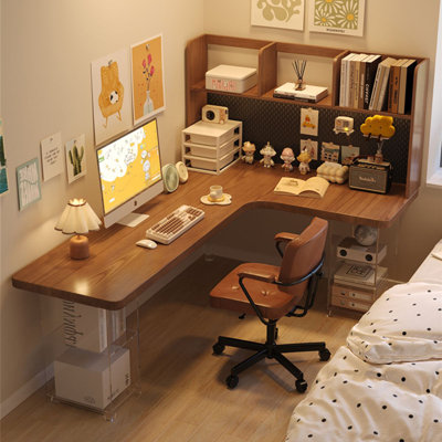 Bureau d'écriture en L en bois massif brun noisette