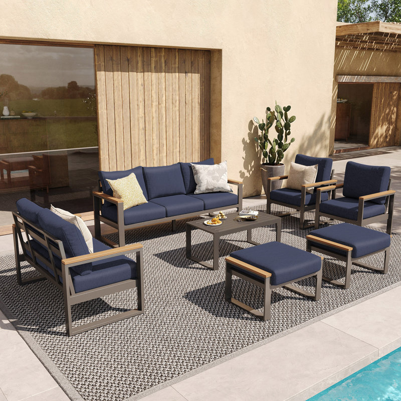 Ensemble de patio en aluminium 7 pièces, ensemble de conversation d'extérieur 9 personnes avec coussins en oléfine, Marine