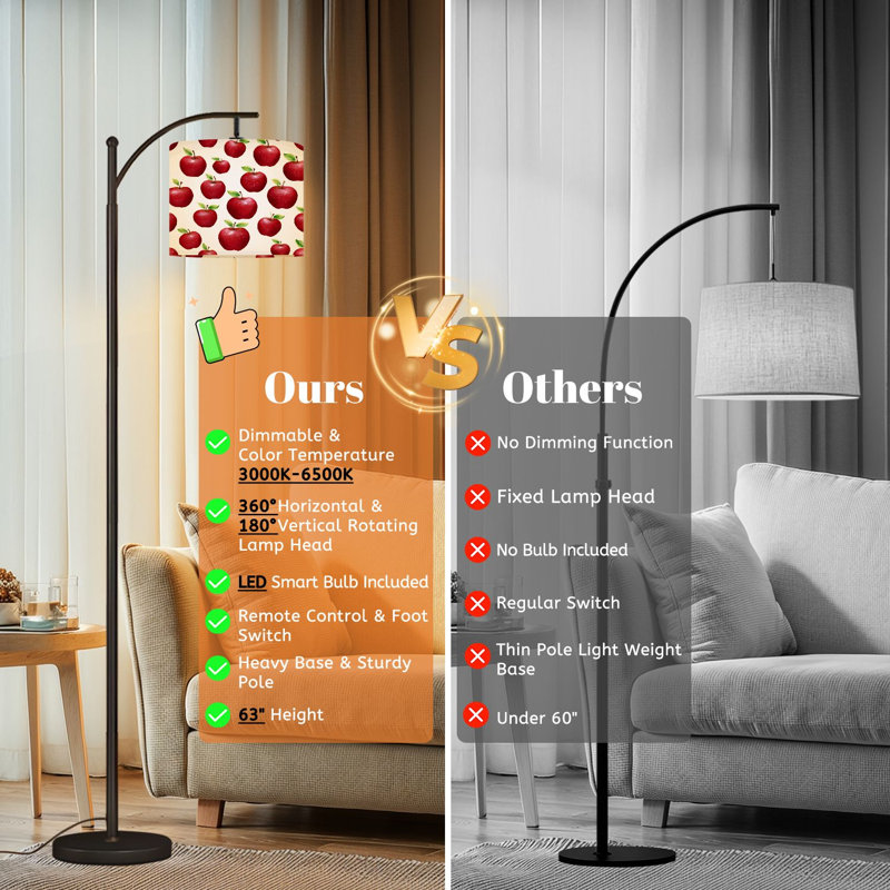 Arc Floor Lamp with Adjustable Lampshade Red Apples Green Leaves Standing Lamp 3 Color Temperatures Dimmable Tall Pole Lamp with Foot Switch for Bedroom