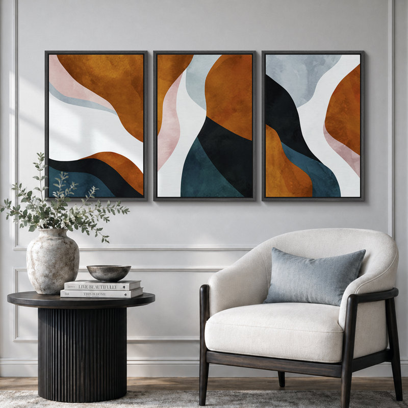 «Mid Century Shape», impression géométrique sur toile abstraite encadrée brune et bleue 3 pièces, H 24 po x l 48 po, Black