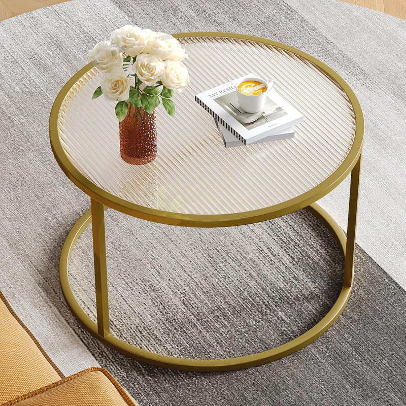 Round Gold Glass Coffee Table with Metal Frame