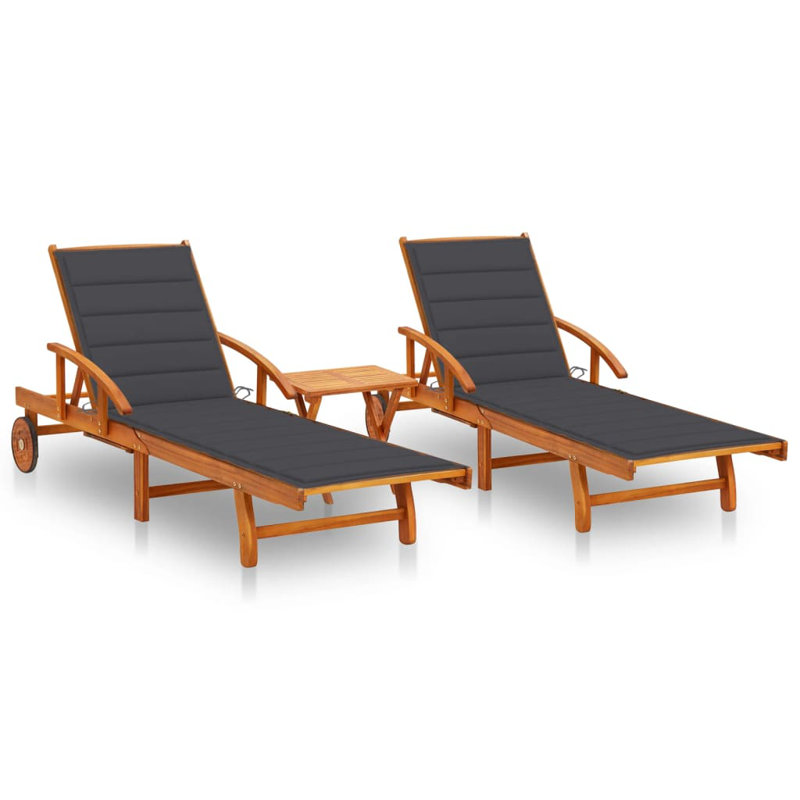 Filippo 16" Long Acacia Double Chaise with Cushions and Table, Gray