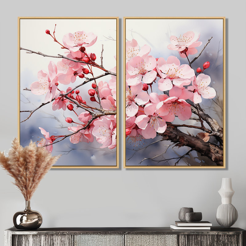 «Signe China Art Cherry Blossom - Blue Global Wall Art», ensemble de 2, H 36 po x l 48 po, Crème
