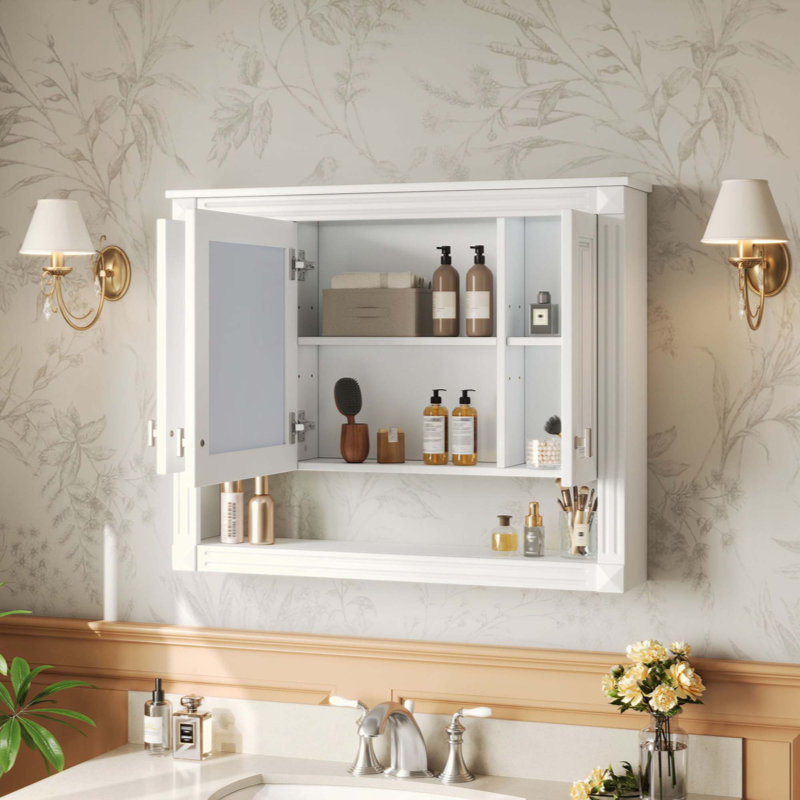 Armoire de salle de bain avec miroir, armoire à pharmacie murale avec tablette ouverte, armoire de rangement avec miroir