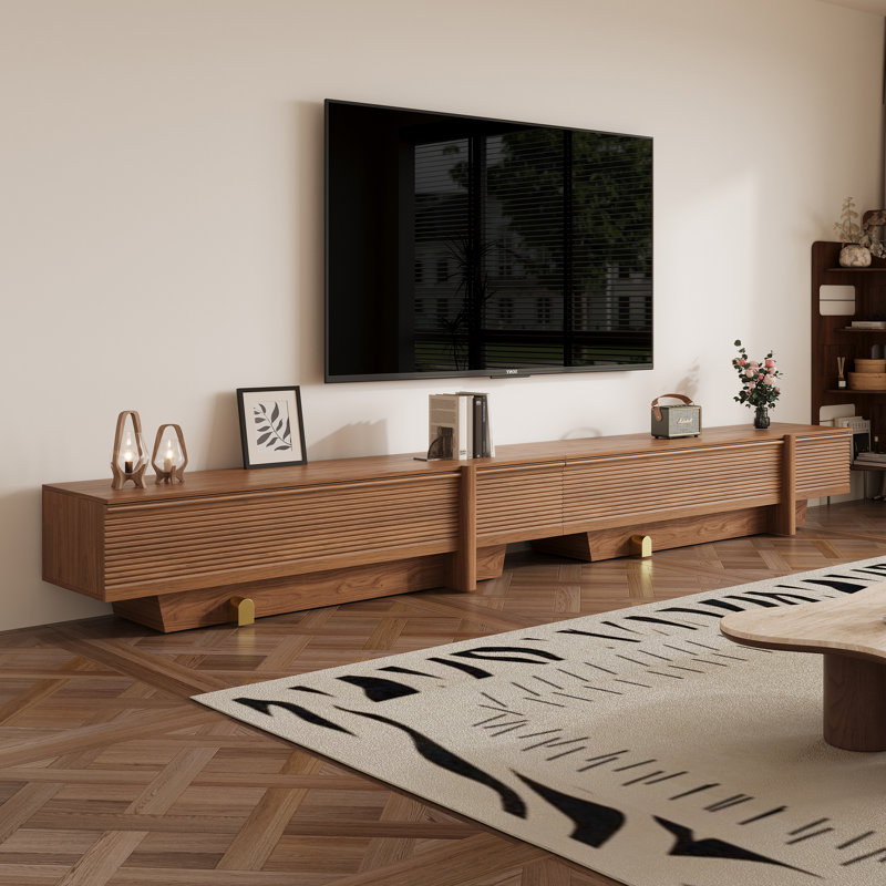 142” Extra Large Mid-Century Modern Wooden TV Stand, Low-Profile Floor-Standing Media Console with Ribbed Storage Cabinets & Gold Accents, Living Room Entertainment Center for 85+ Inch TVs